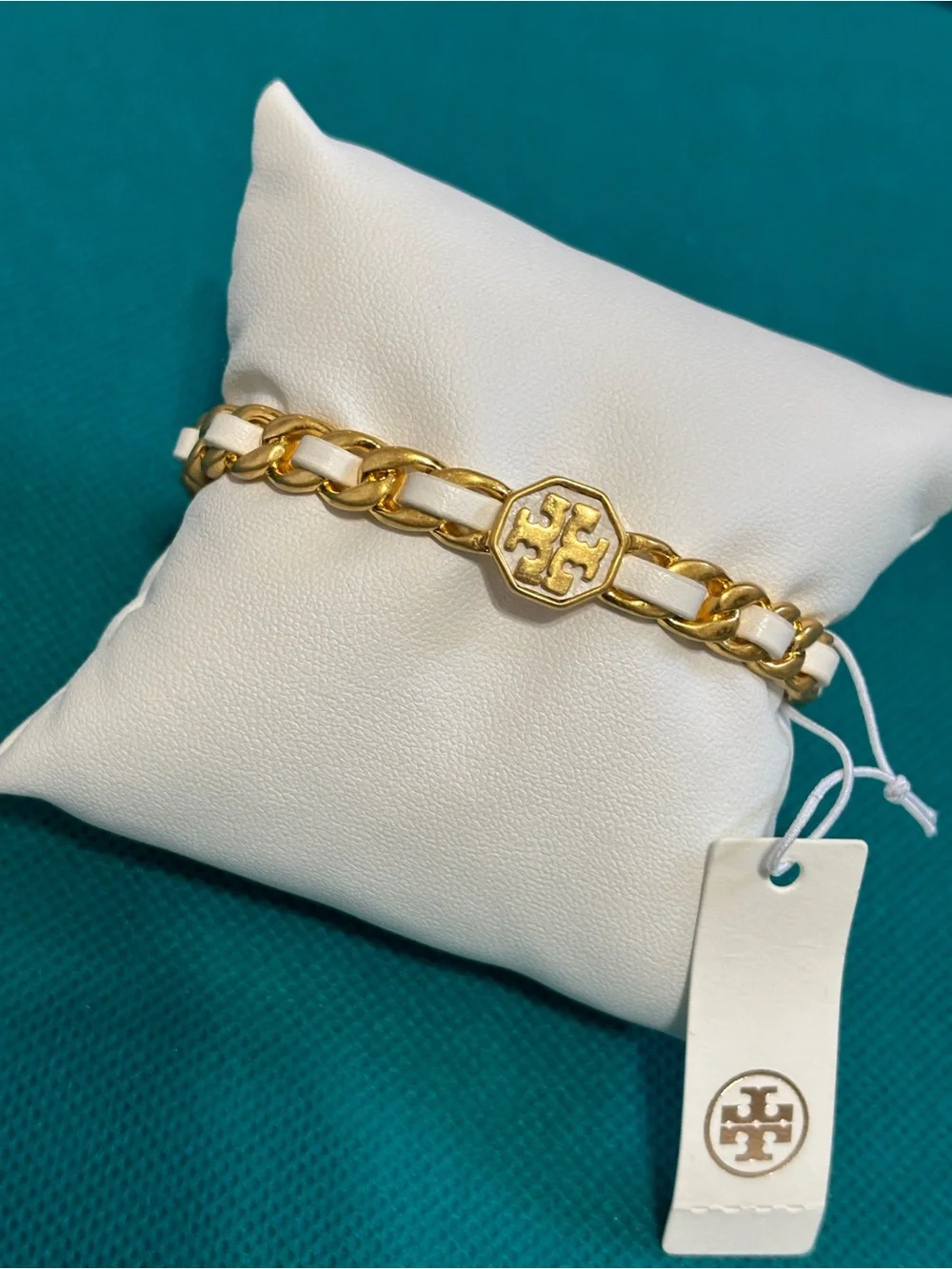 Tory Burch White Enamel and Gold Link Logo Bracelet